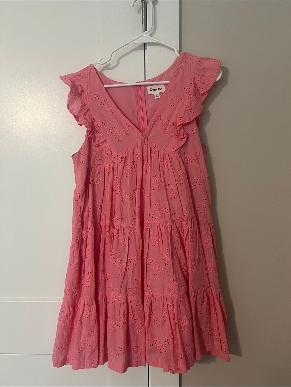 &Merci Pink Eyelet Tiered Dress with Ruffle Shoulders